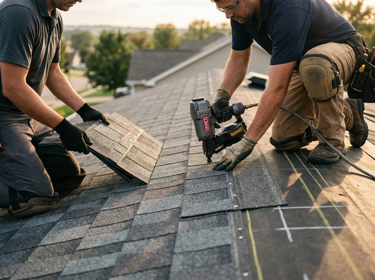 Professional roofer working on a residential roof in Maynard